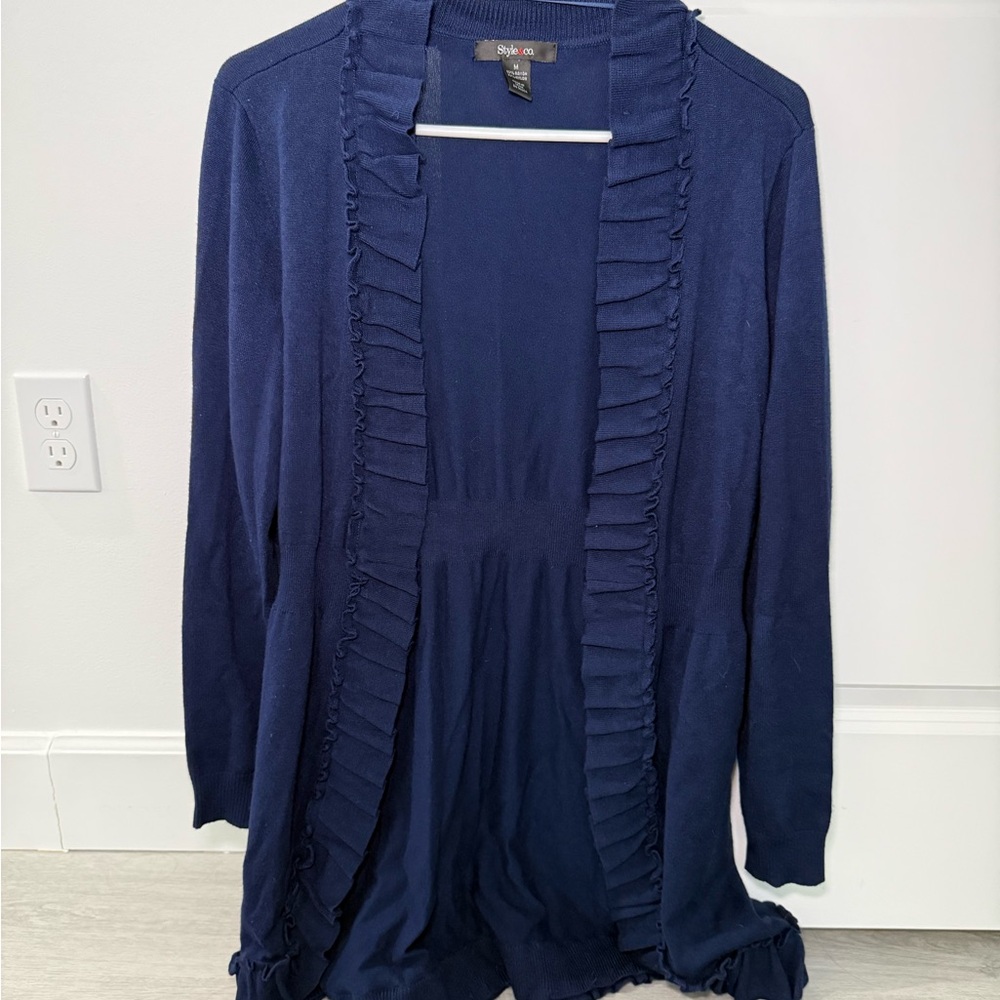 New York & Company Navy Ruffled Cardigan